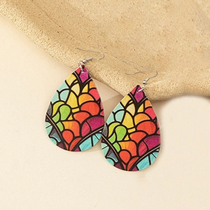 Detail view of water-drop PU leather earrings featuring colorful stained glass art patterns