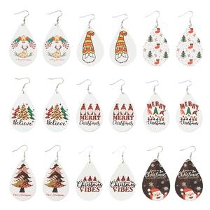Set of 9 pairs of Christmas teardrop faux leather earrings with festive holiday patterns