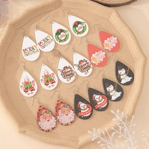Weihnachten Tränenform Holz Ohrringe Für Damen Kunstleder Weihnachtsmann Schneemann Muster Festliche Xmas Hängende Ohrringe Schmuck Geschenk