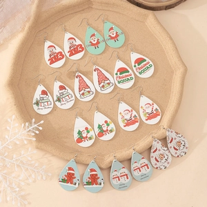 Wooden Christmas Waterdrop Dangle Earrings For Women Santa Snowman Pattern Festive Holiday Jewelry Wood Alloy Hook