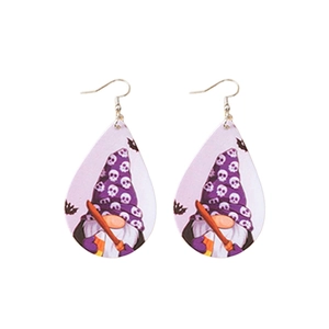 Halloween drop earrings featuring purple gnome and bat prints on acrylic teardrop panels