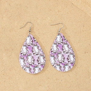 Detail view of teardrop acrylic earrings featuring cartoon ghosts and purple watercolor style