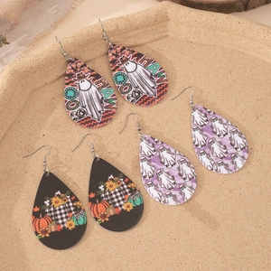Three pairs of Halloween teardrop earrings with ghosts and pumpkin prints for women
