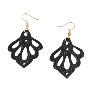 Boucles d'oreilles noires ajourées motif feuilles avec crochets dorés sur fond blanc