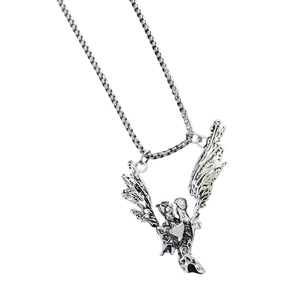 Vintage silver angel pendant necklace with detailed wings and heart on box chain