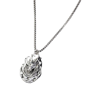 Vintage silver Anubis Egyptian pendant necklace with antique relief on square pearl chain