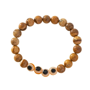 Handmade Evil Eye beaded bracelet featuring natural picture jasper stones with blue accents