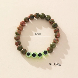Handmade Evil Eye natural stone beaded bracelet with green accents, 6cm inner diameter