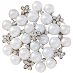 Elegant round pearl brooch with floral crystal accents and silver base on white background
