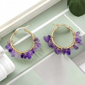 Pendientes de Aro de Acero Inoxidable Bohemios Con Piedra Natural Triturada Tejidos a Mano Chapados en Oro Joyería Para Mujer