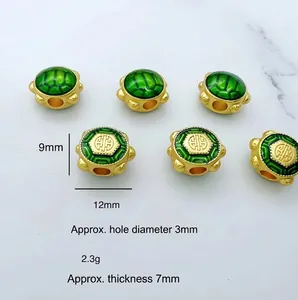 Golden turtle charm bead with green enamel and 3mm hole for DIY jewelry making