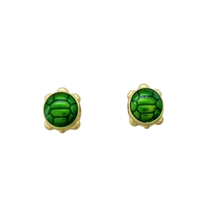 Golden turtle earrings with green enamel shell details on a clean white background