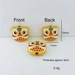 Golden lion dance charm bead with colorful enamel details from multiple angles