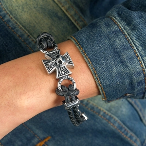 Men's retro punk braided leather bracelet featuring a silver metal skull and iron cross