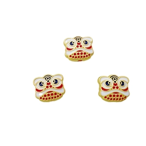 Three Chinese dancing lion head pendants in gold and red enamel for DIY jewelry crafts