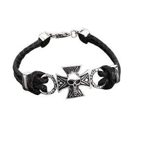 Braided leather punk bracelet with silver skull cross charm for men, biker style