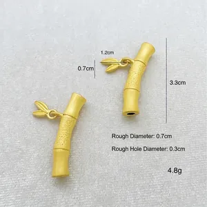 Matte gold bamboo joint tube beads with leaf details for DIY jewelry making 3.3cm