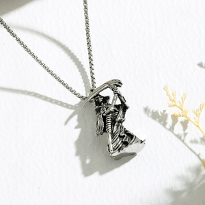 Punk style Grim Reaper skull necklace pendant with stainless steel box chain for men