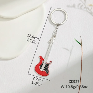 Red electric guitar keychain with metal ring, 12cm length and creative musical design