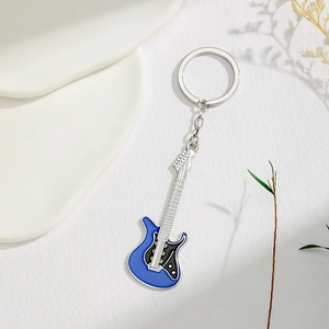 Blue enamel electric guitar keychain with silver alloy plating and metal ring charm
