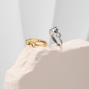Minimalist cat and heart open rings in gold and silver with I Love You engraving