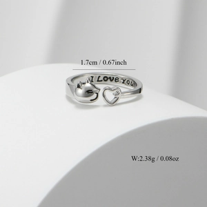 Adjustable silver ring featuring a cat head and hollow heart with I Love You engraving