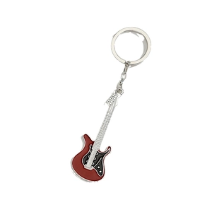 Classic electric guitar keychain with wine red finish and polished metal chain link
