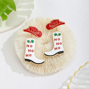 Detailed close-up of festive cowboy boot earrings with red hat and Ho Ho Ho text