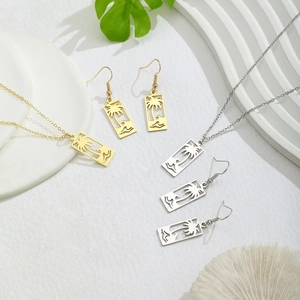 Hohl Ausgeschnitten Kokospalme Meereswelle Geometrischer Anhänger Halskette Ohrring Schmuck Für Damen Tropischen Sommer Strand Insel Stil Legierung Zubehör
