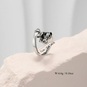 Cute panda open ring in silver finish with black enamel and I Love You engraving