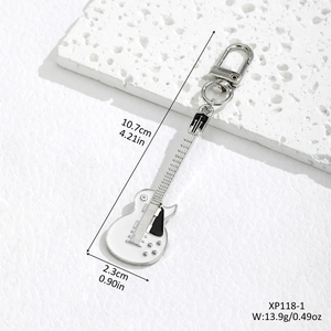 Creative white enamel electric guitar keychain with silver metal D-ring buckle