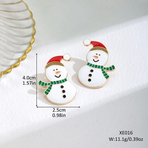 Detailed view of Christmas snowman enamel earrings with size and weight specifications