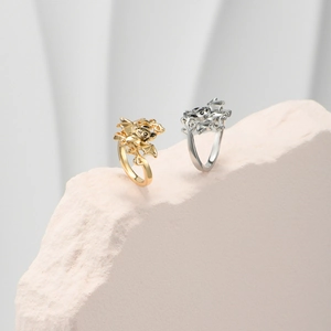 Close-up of gold and silver bat shaped rings with polished finish on stone surface