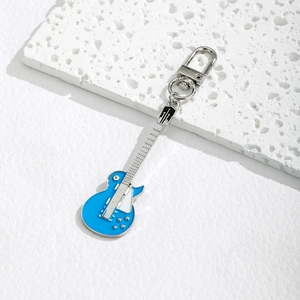 Creative electric guitar keychain with blue enamel finish and silver metal lobster clasp