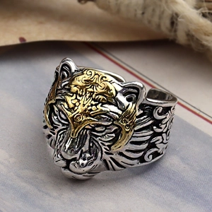 Men's punk tiger head ring with gold accents and vintage silver finish open design