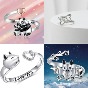 Vintage Alloy Adjustable Open Ring For Women Panda Cat Bat Heart Shape Halloween Party Jewelry Gold Silver Plated Rings Gift