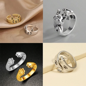 Vintage Legierung Katze Offene Ringe Für Damen Herren Verstellbar Tier Pfote Herz Hohl Ring Mode Schmuck Fingerring Geschenk