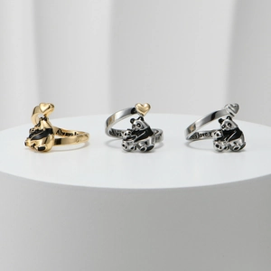 Minimalist panda open rings with heart detail in gold and silver finish for women