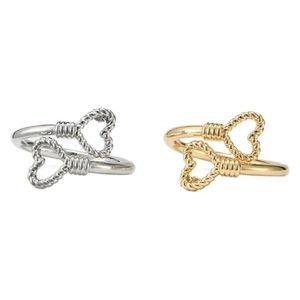 Polished silver and gold open rings featuring twisted rope twin heart design