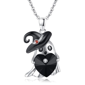 Detail of gothic ghost pendant with black heart stone and silver witch hat on a chain