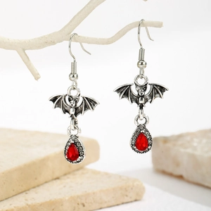 Gothic silver bat earrings with red resin gemstone teardrop and pavé crystal trim