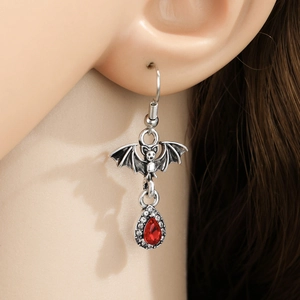 Gothic Bat Red Gemstone Necklace Earrings Alloy Rhinestone Halloween Jewelry For Women Party Dark Style Accessory