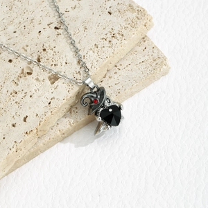 Gothic ghost wizard hat pendant necklace with black heart gemstone and red accent stone