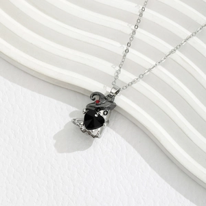 Gothic ghost wizard necklace with black heart pendant and red stone for Halloween style