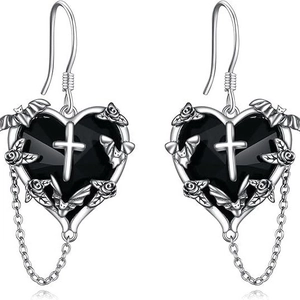 Boucles d'oreilles gothiques argentées avec cœurs noirs, roses et chauves-souris Halloween