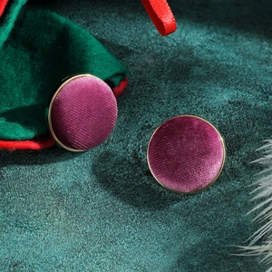 Vintage round geometric stud earrings with purple velvet texture and gold metal border