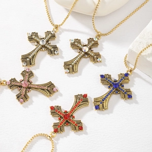 Vintage Alloy Rhinestone Cross Pendant Necklace For Men Women Punk Baroque Multi Color Inlaid Long Chain Sweater Necklace