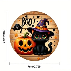 7cm Halloween round coaster featuring a cute black cat, pumpkin, and BOO design text