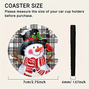 Detailed size chart showing 7cm diameter and 4mm thickness of snowman car coaster