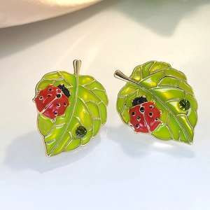 Vintage Emaille Lieveheersbeestje Blad Oorknopjes Legering Groen Blauw Strass Ingelegd Natuur Sieraden Voor Vrouwen Meisjes Cadeau
